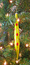   Vintage 11" T Glass Icicle Christmas Ornament   Apple Green w/ Red Glitter Dot