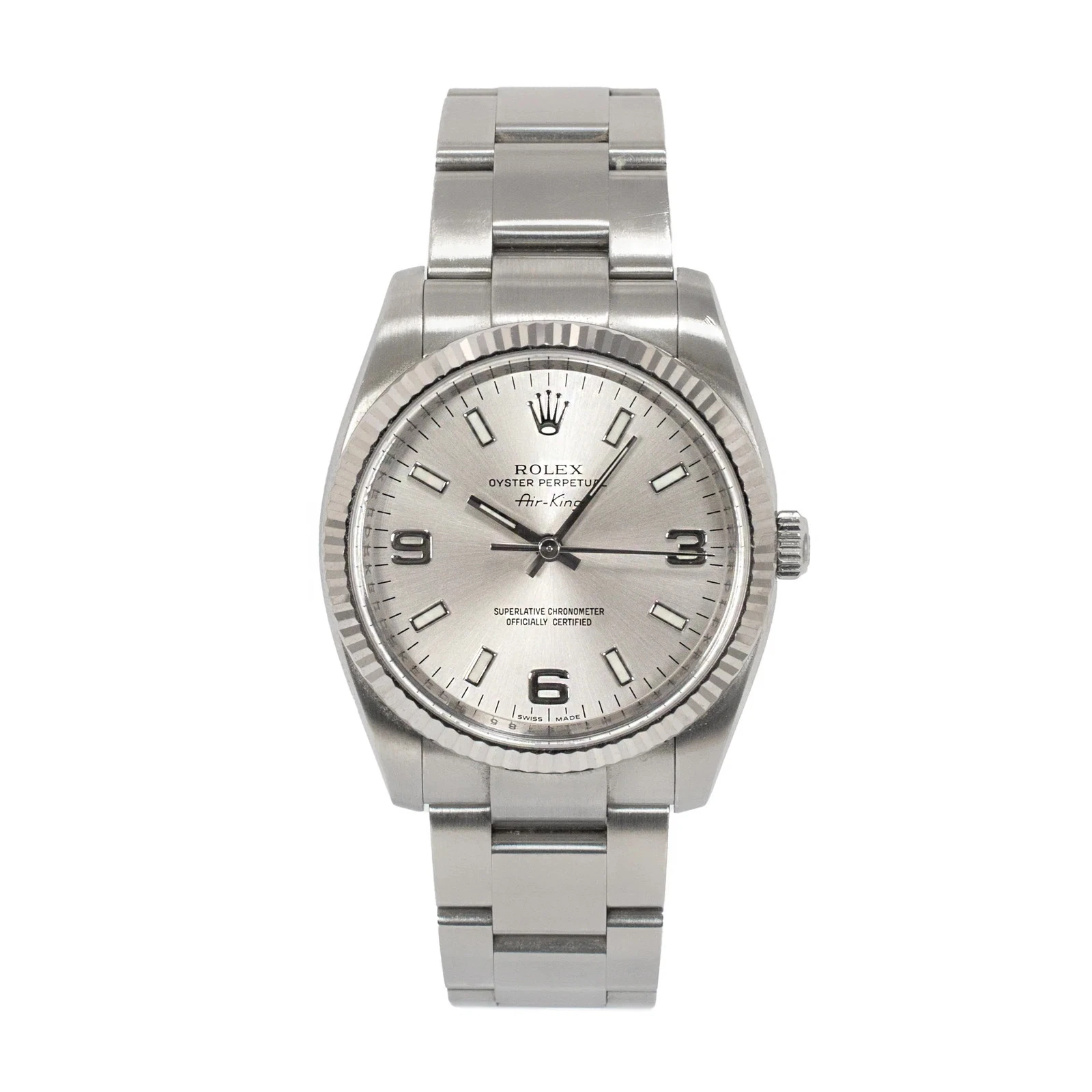 Rolex — 2007 Rolex Air King 34MM 114234 Silver Dial Fluted Oyster Stainless Steel Watch