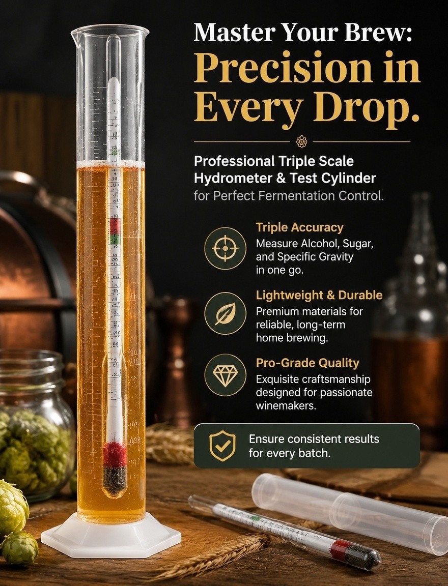 Triple Scale Alcohol Hydrometer And Test Cylinder For Beer And Wine Making Kit