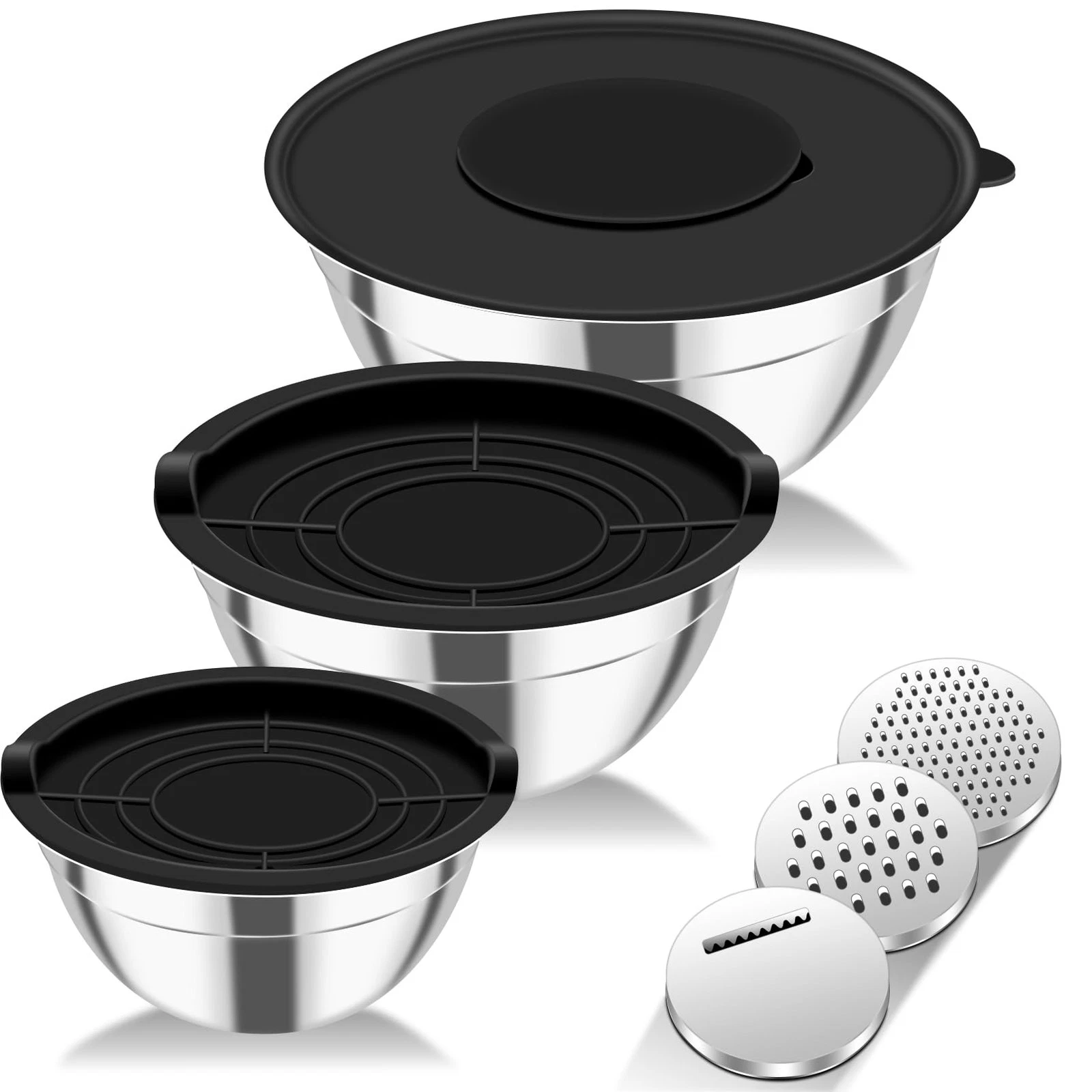 Mixing Bowls with Lids Set of 3,Stainless Steel Mixing Bowls with 3 Grater At...