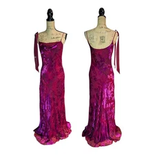 90s y2k Monsoon Long Beaded Fuchsia Devore Dress UK 8 (US 4)