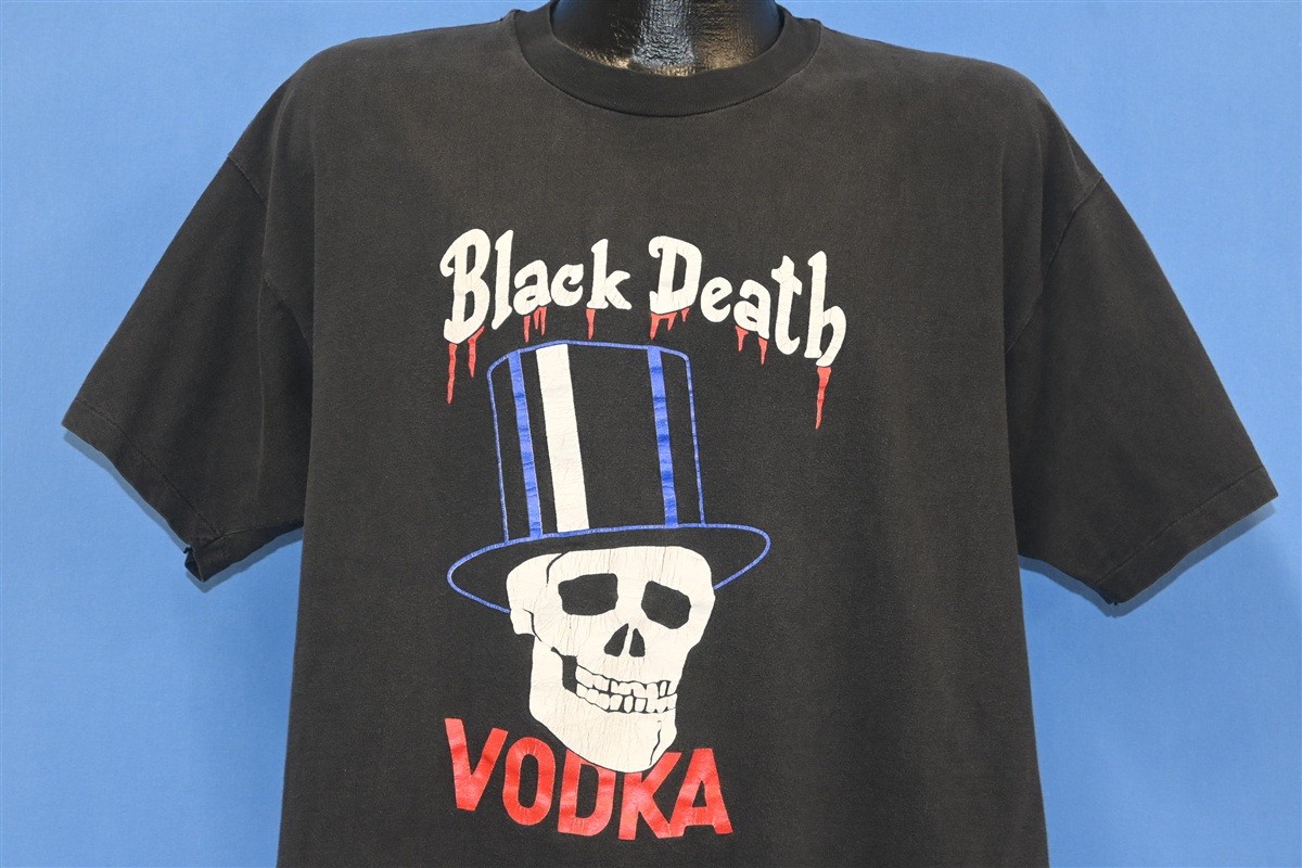 vintage 90s BLACK DEATH VODKA DRINK IN PEACE SKULL TOPHAT COTTON t-shirt XL