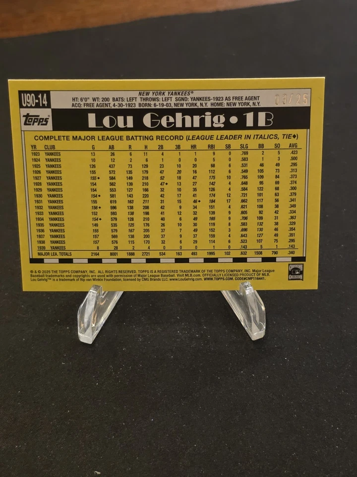 Actualización Topps 2025 1990 35 aniversario Naranja Paralelo /25- U90-14 Lou Gehrig Yankees Foto 2 de 3