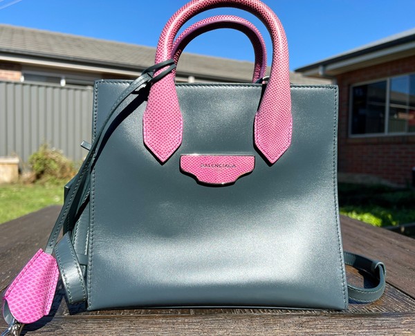 Authentic Balenciaga Mini All Afternoon Tote Bag Grey Pink Python Trim 2-Way