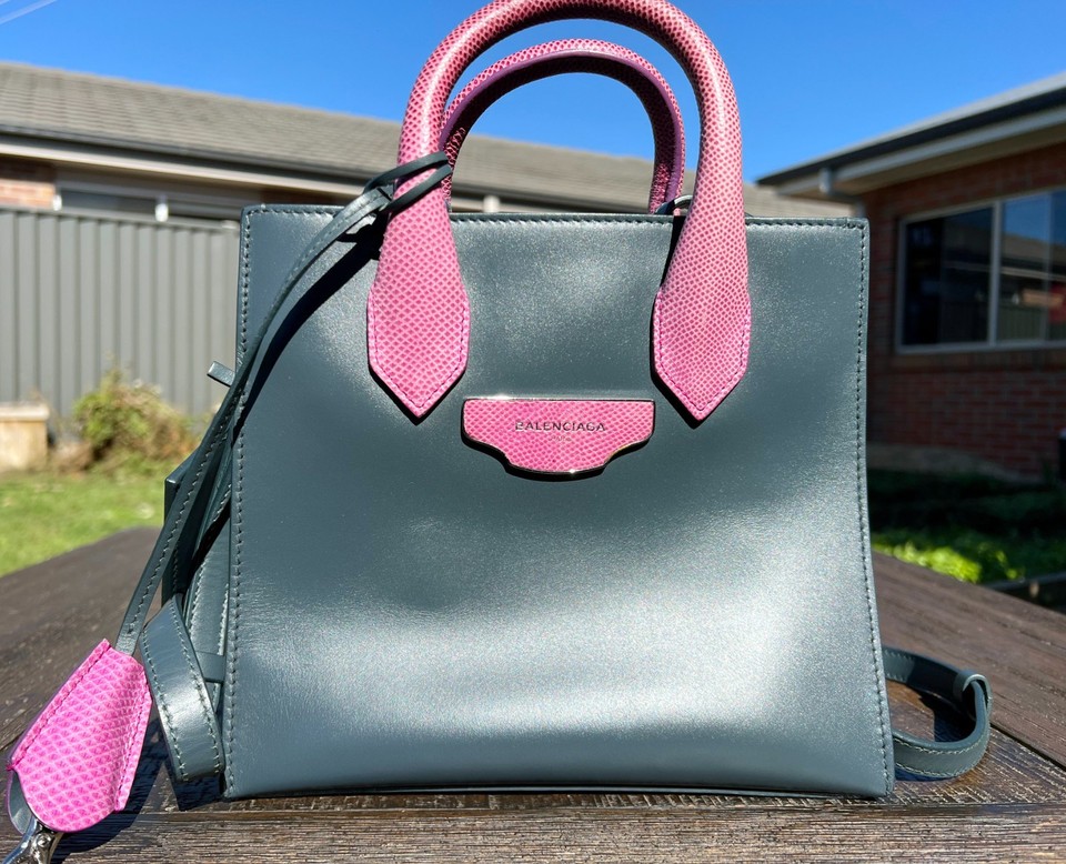 Authentic Balenciaga Mini All Afternoon Tote Bag Grey Pink Python Trim 2-Way