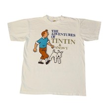 Vintage Tintin T Shirt Size L White 90s Snowy Adventures Single Stitch Graphic
