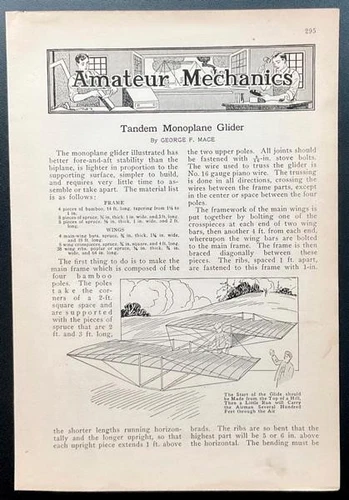 “Tandem Monoplane Glider” 1913 PLANS 18’ Wingspan Bamboo & Spruce frame