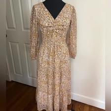 Floral Ruffle Puff Sleeve Midi Dress Tie Back V-Neck Lightweight Casual