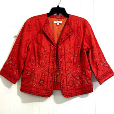 Coldwater Creek Embroidery Blazer Size 12 Orange 3/4 Sleeves Floral Embroidered