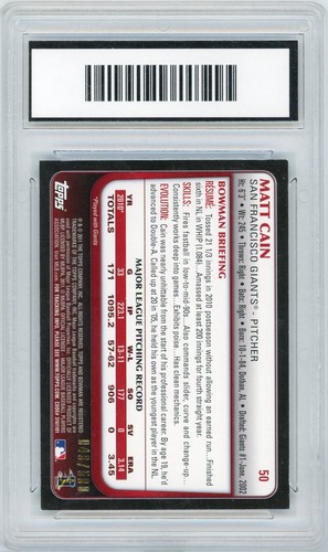 2011 Bowman #50 Matt Cain Blue 48/500 GMA Graded Gem Mt 10 Giants - Picture 2 of 2