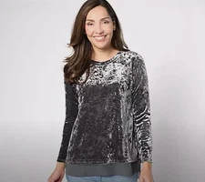LOGO Lori Goldstein Knit Crushed Velvet Top w/Chiffon Hem Smoked Pearl S A627192