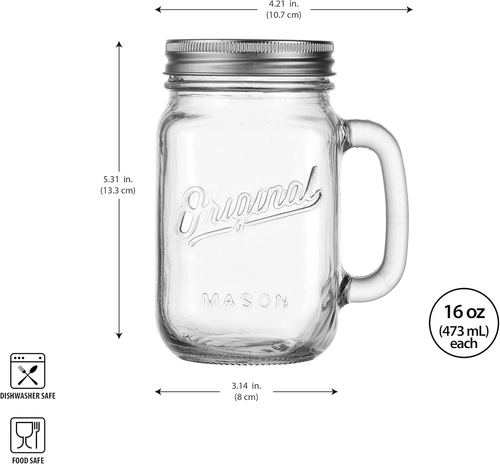 Mason Jar 16 Oz. Glass Mugs with Handle and Lid Set of 6 Old Fashioned Drinki... - Picture 7 of 12