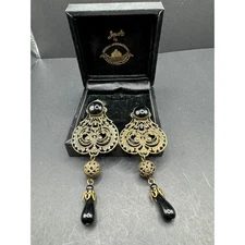 Resorts International Atlantic City Brass Black Onyx Dangle Chandelier Earrings