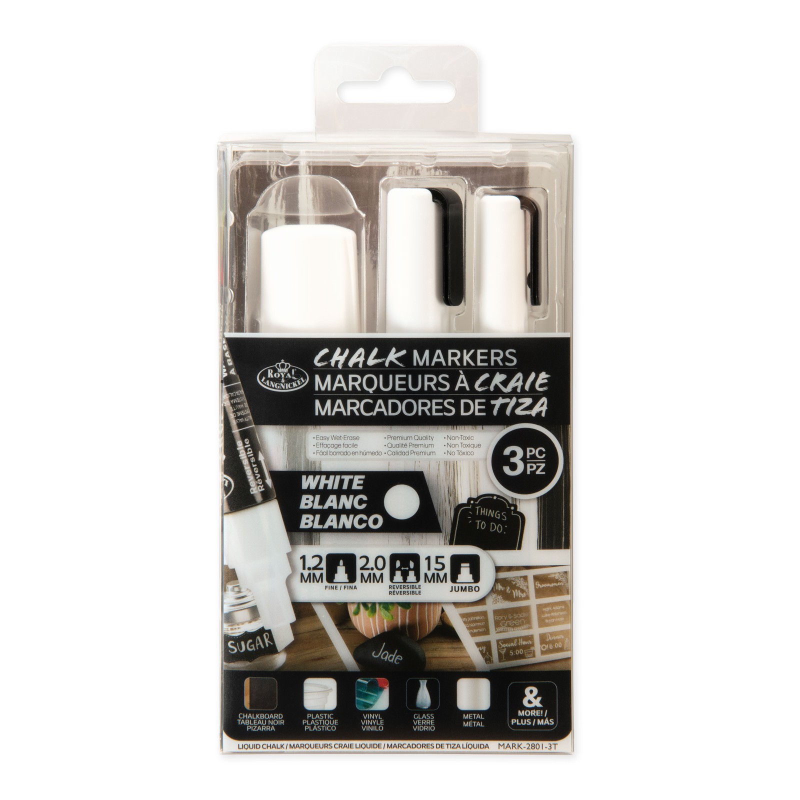 3 White Liquid Chalk Marker Pens Fine Reversible & Jumbo Nibs Blackboard Window