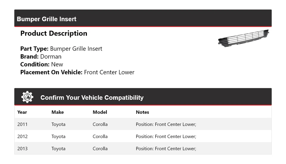 Para 2011-2013 Toyota Corolla Dorman inserção de grade de para-choque dianteiro centro inferior 2012 - Imagem 2 de 4