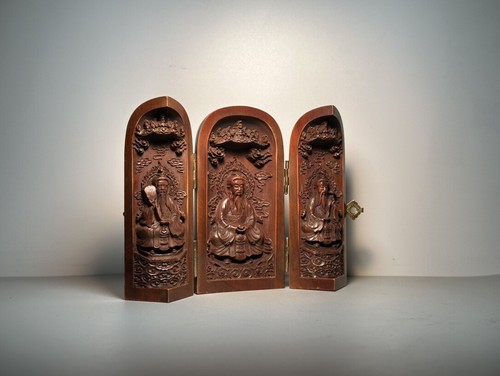 Antique Three Open Box Taoist Sanqing Saints Collect Wooden Carving Feng Shui - Picture 2 of 5