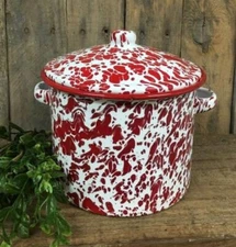 New Primitive ENAMEL RED SPLATTER STOCK POT French Country 8"Hx6"W Farmhouse Lid