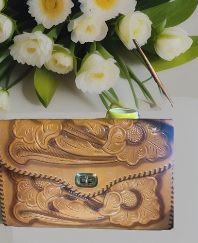 Vintage Hand Tooled Floral Embossed Leather Purse Handbag Shoulder Bag Western - Picture 5 of 15