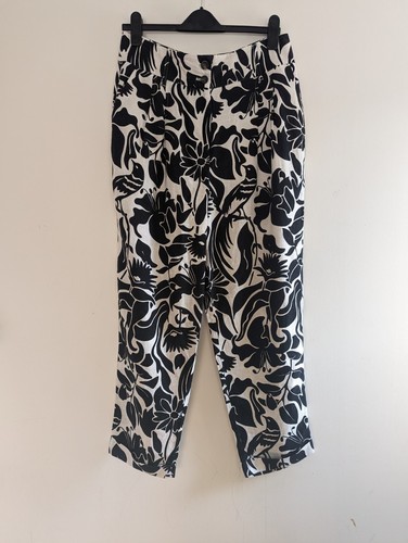 Boden Black & White Linen Turn Up Trousers 14R Oriental Bird Tailored High Waist