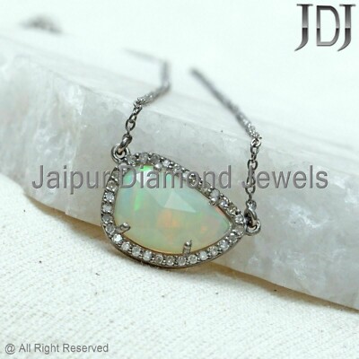 925 Silver Natural Pave Diamond Opal Gemstone Necklace Pendant Wedding Jewelry