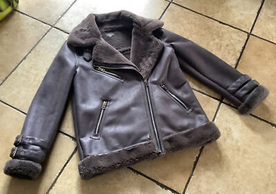 Warehouse Grey Brown Faux Suede/Faux Fur Aviator Biker Jacket UK12 Worn  Once UK