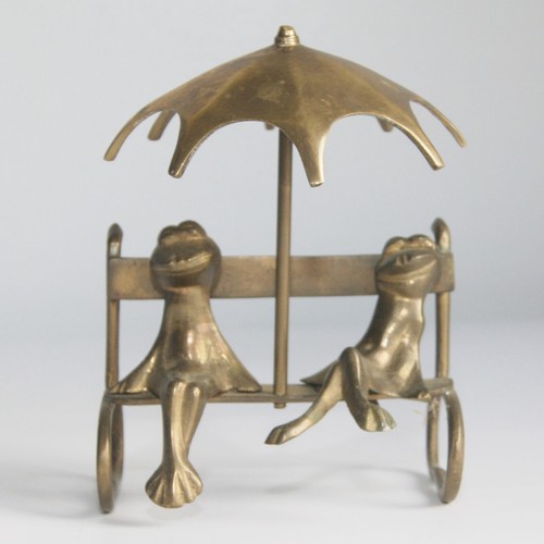 Brass Frogs Sitting Under an Umbrella on a Bench Vintage & Collectable