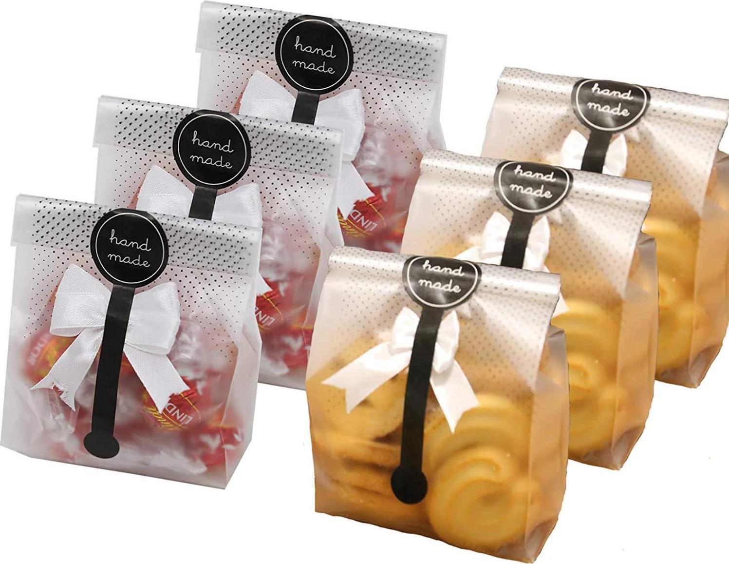 100 Pcs Translucent Plastic Cake Bags with 100pcs Hand Made Stickers for Cookie,