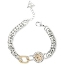 Image of Guess Pave Quatro G Logo Curb Chain Link Bracelet in Two-Tone