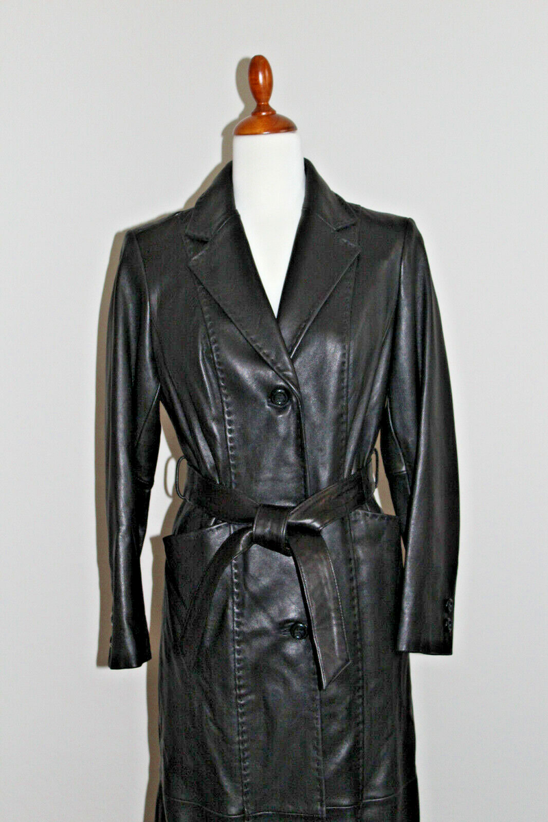 Preston & York Black Leather Fully Lined Full Length Trench Coat