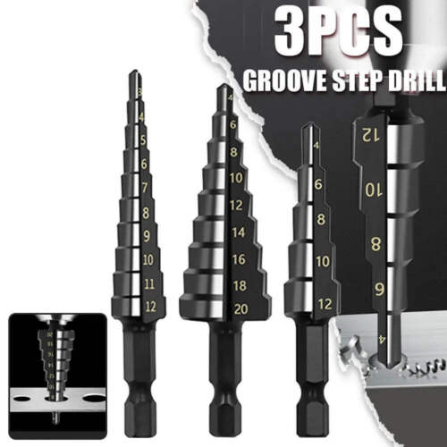 3Pcs HSS Straight Groove Step Drill Bit 3-12mm 4-12mm 4-20mm Nitride Black Hex W