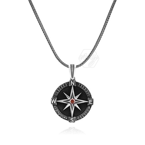 925 Sterling Silver Micro-Stone Sailor's Compass Design Men's Necklace - Picture 2 of 4