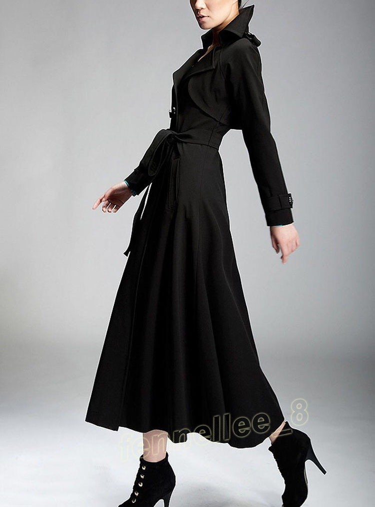 Women Ladies FullLength Maxi Trench Coat Double Breasted Belt Long