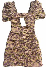 NWT! Zara Floral Mini Dress Ruched Stretchy Draped Puff Sleeves New Size XS
