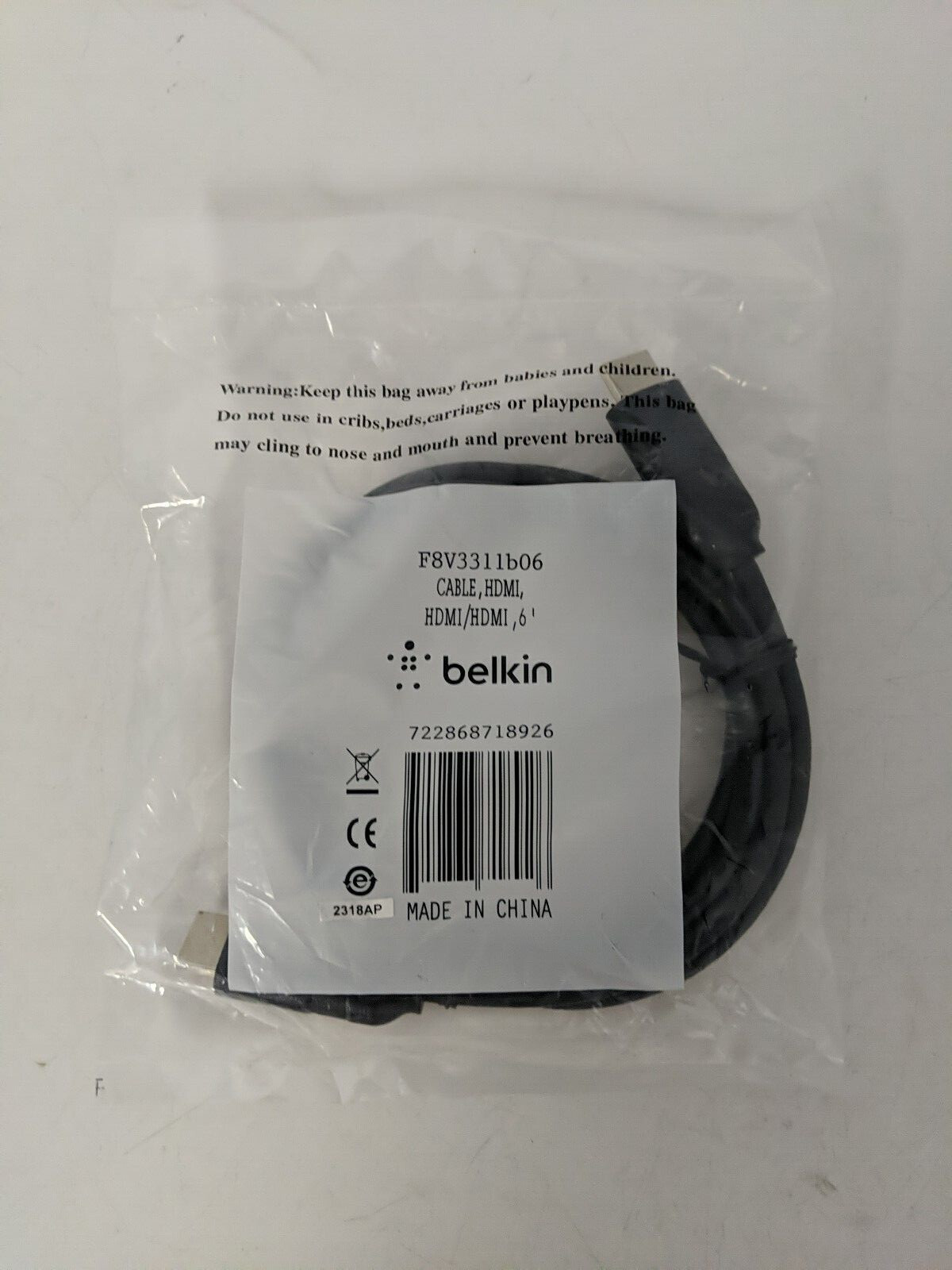 BELKIN CABLE, HDMI, 6' F8V3311B06