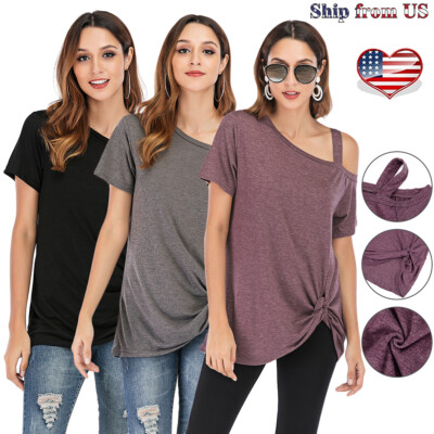 Women's Crewneck Front Knot Side Twisted Solid Color Tunic Off-the-shoulder Tops
