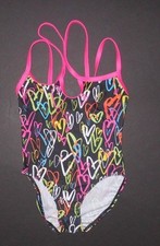 Dance COSTUME leotard Small child strappy front floating hearts spandex print