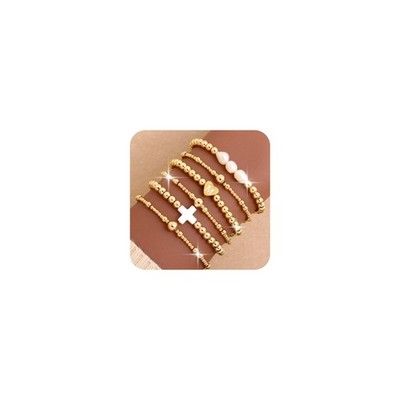Gold Beaded Cross Heart Initial M Pearl Stack Bracelet Set for Women, Trendy 6Pc