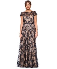 Xscape Women's Boat-Neck Cap-Sleeve 3D-Rosette Gown - Black/Nude Size 4