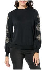 DG2 Women's Brushed Sweater Embroidered Crew-Neck Top Black