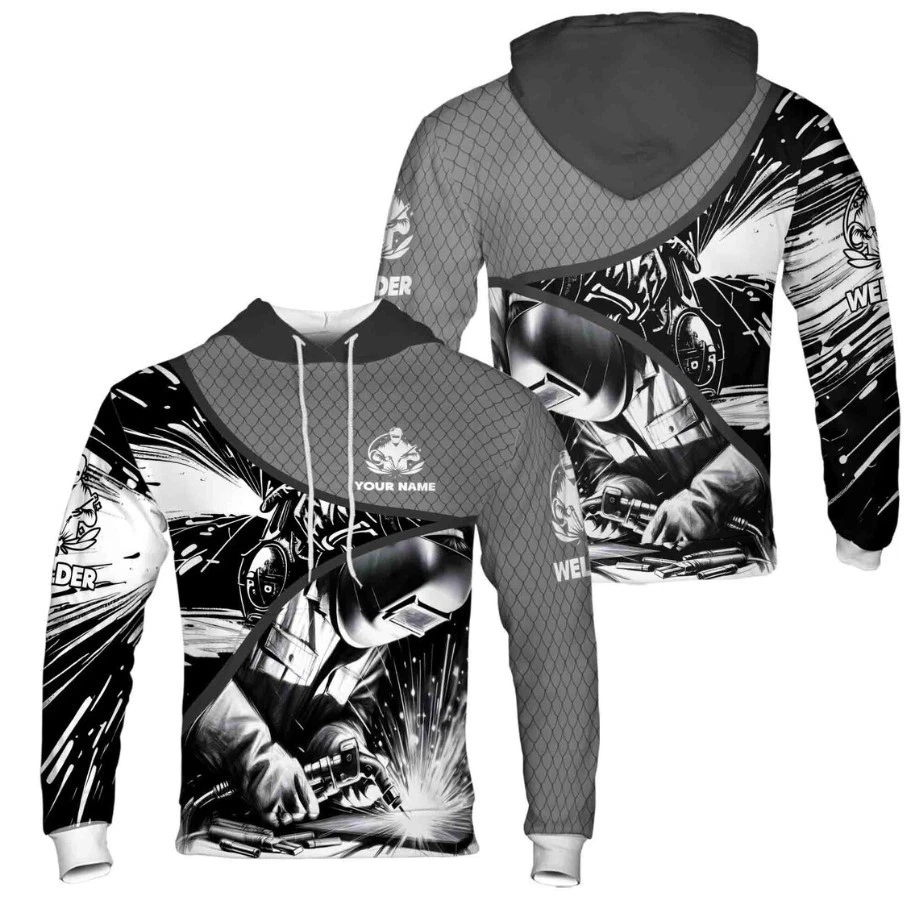 Custom Name Welder Tools Welding Spark Scales Pattern Black White Gray Hoodie S-