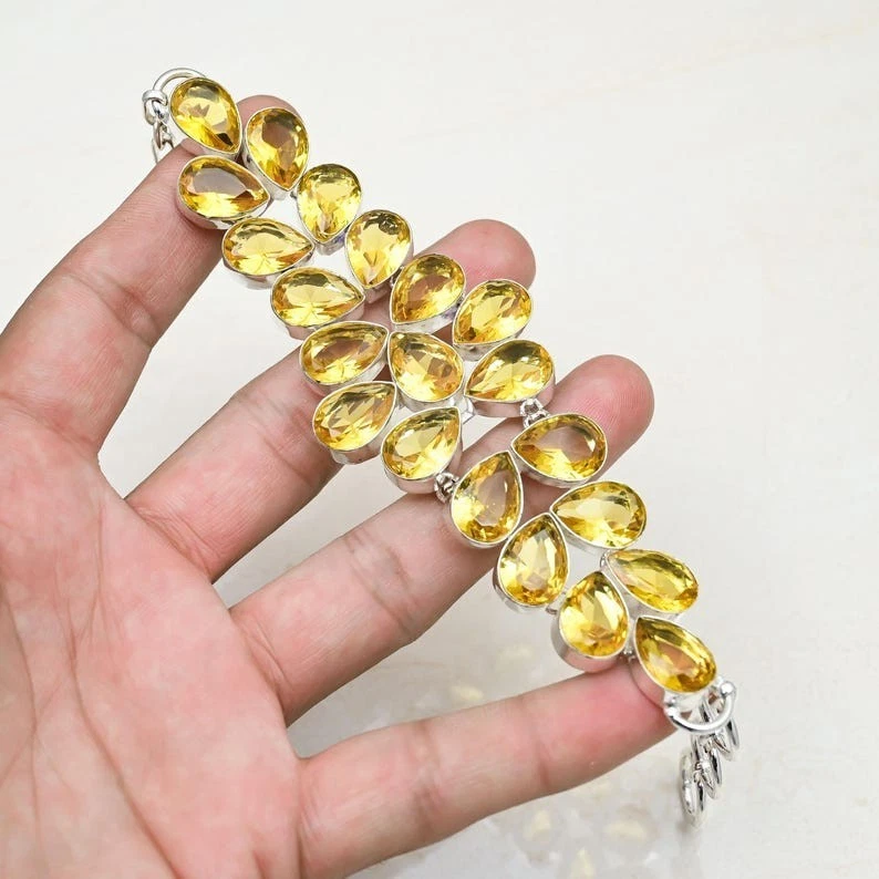 Brazalete de joyería de plata de ley 925 hecho a mano con piedras preciosas de citrino amarillo tamaño 7-8" Foto 3 de 4