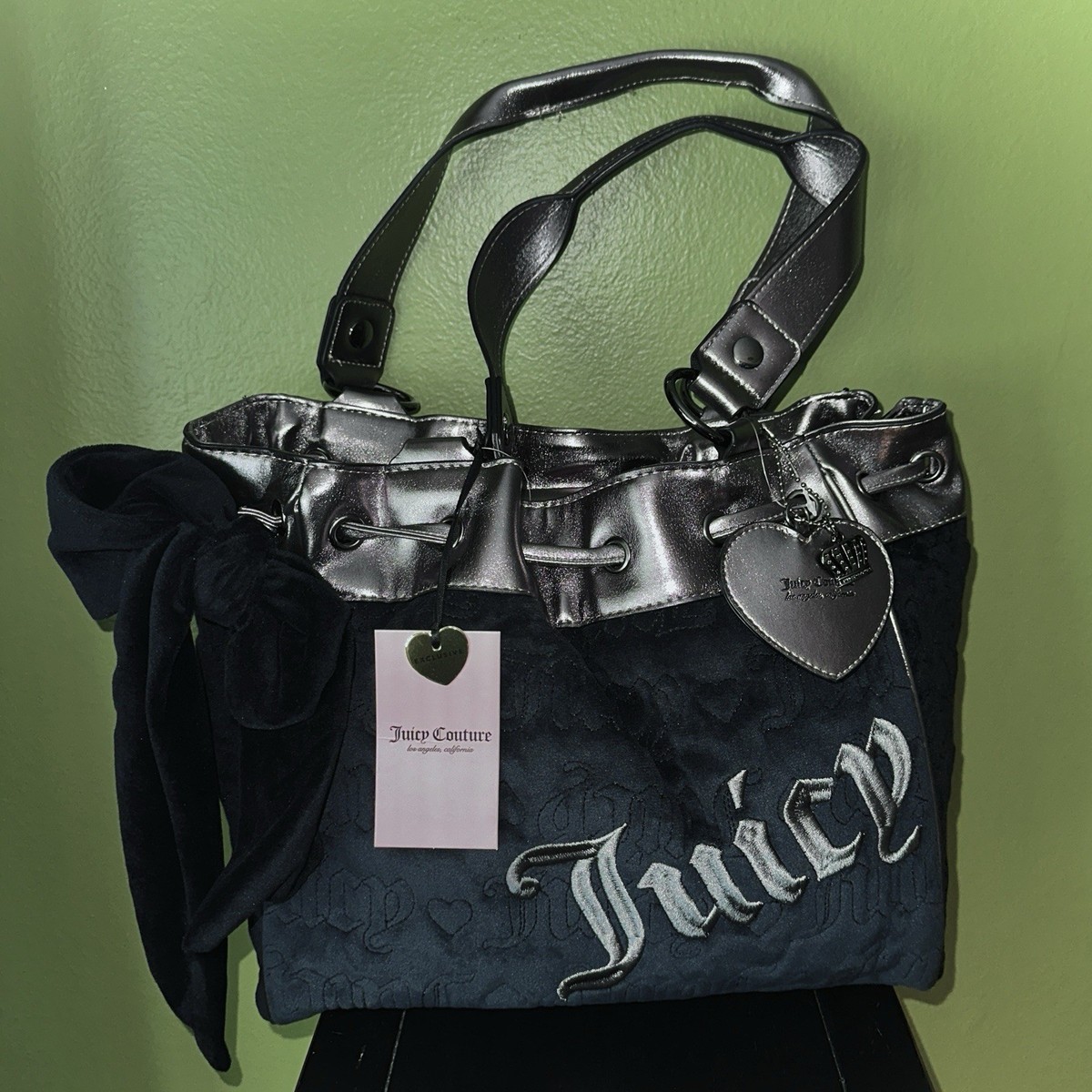 希少■JUICY COUTURE ベロア ハンドバッグ ブラック×シルバー UK Juicy Couture Nouva Scottie Twig Dog Velour Black Hobo