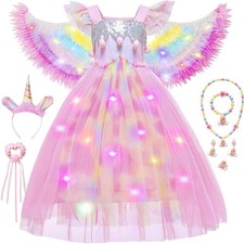 Latocos 9Pcs Girls Unicorn Dress Costume Toddler Light Up Rainbow Princess