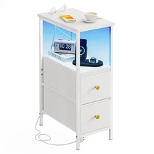 Narrow Side Table with Charging Station and LED Light, Skinny Nightstand with...