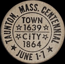 1964 Taunton, Mass Centennial Wooden Nickel Town 1639-City 1864 Free USA Ship!