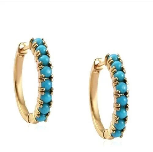 Pendientes tipo argolla enchapados en oro amarillo de 14 quilates turquesa simulada de corte redondo de 2 quilates para mujer Foto 2 de 4