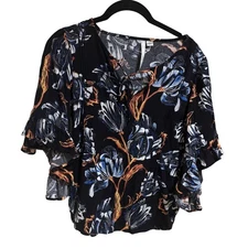 Lauren Conrad Floral Flutter Sleeve Blouse Top Womens Black Blue Orange Size XS