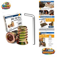 Industrial Grade 3/8"-16 Wood Insert Nuts Set - 12 Pack with Installation Guide