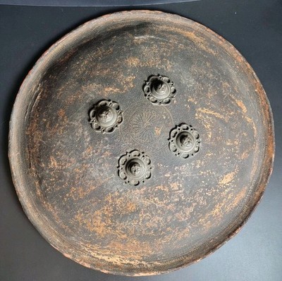 Antique Dhal Shield Leather Surya  Bronze Faces Dharma Wheel India 17'' Diameter