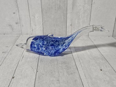 Hand Blown Art Glass Dolphin Figurine Paperweight Vintage Blue White Clear